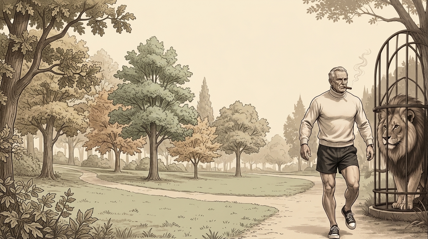 Ilustración editorial de Joseph Pilates caminando por Central Park cerca de la jaula del león